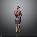 Woman In Pink Striped Shirt And Blue Skirt Holding Black Notebook Standing Against Gray Background