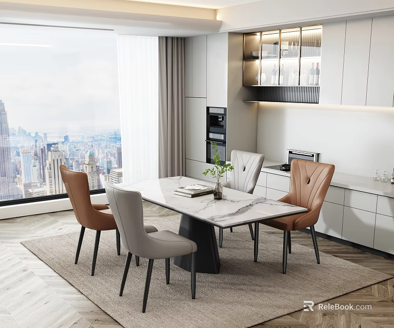 Modern Open Concept Dining Room With Marble Table Brown Gray Chairs And City View 3d model 