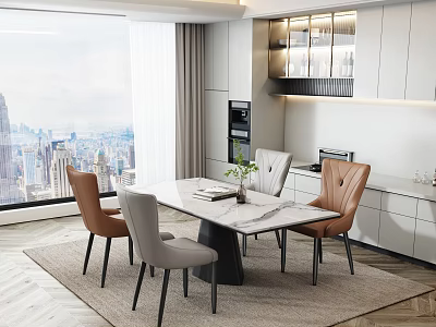 Modern Open Concept Dining Room With Marble Table Brown Gray Chairs And City View 3d model