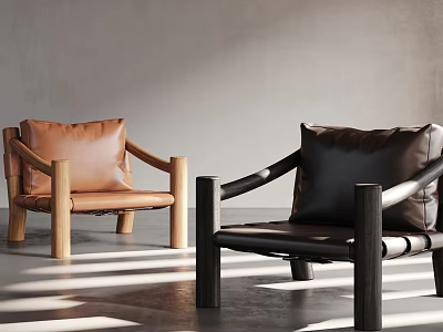 Modern Brown And Black Leather Lounge Chairs With Wooden Arms And Sunlight Stripes 3d model