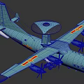 Light Blue Fighter Jet With Propellers And Top Radar Dome Flying Over City