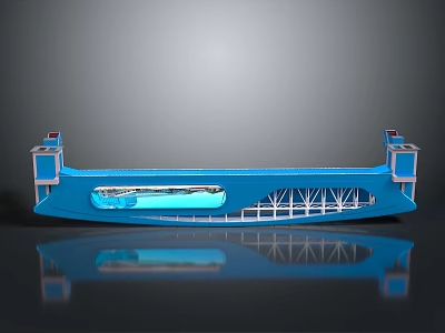 Blue Ship Structure With Transparent Hull Metal Support Frames And Reflective Base 3d model