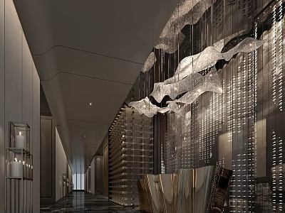 Modern Elegant Hotel Corridor with Crystal Chandelier Metal Walls and Wooden Decor in Long Space 3d model