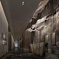 Modern Elegant Hotel Corridor with Crystal Chandelier Metal Walls and Wooden Decor in Long Space