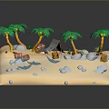 Tropical Beach Landscape with Palm Trees Sand Water Barrels Small Pyramid and Stones