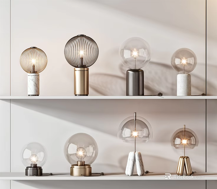 Modern Table Lamps With Various Bases And Glass Shades On Display Shelves 3d model 