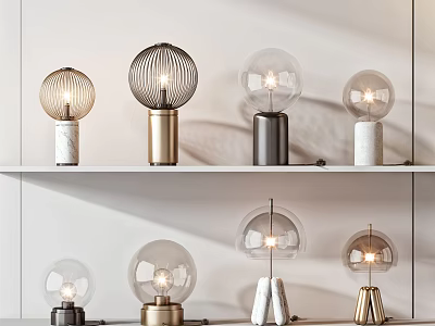Modern Table Lamps With Various Bases And Glass Shades On Display Shelves 3d model