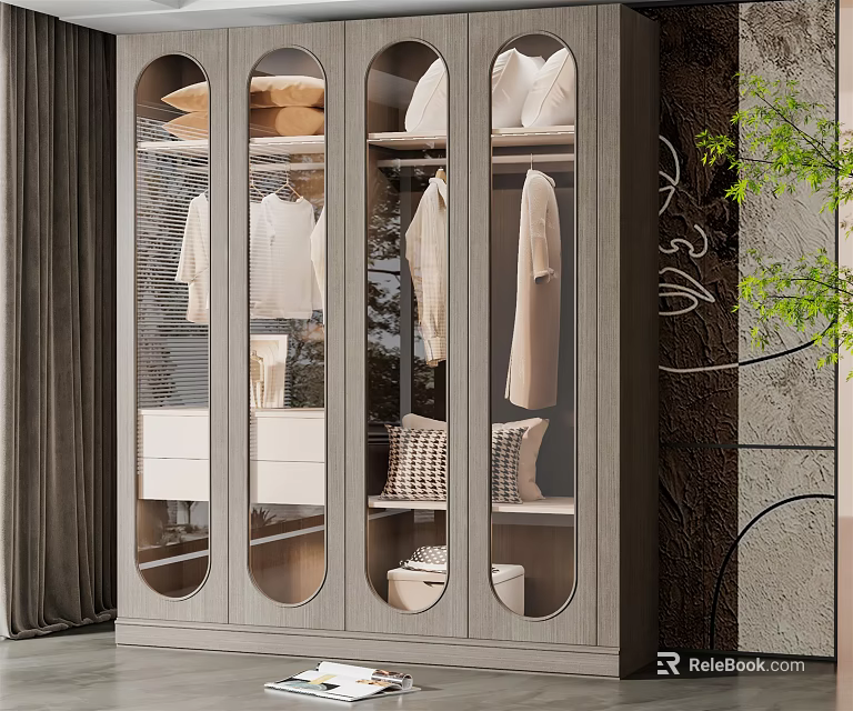 Modern Elegant Wooden Wardrobe With Glass Doors Hanging Clothes Drawers And Shelves 3d model 