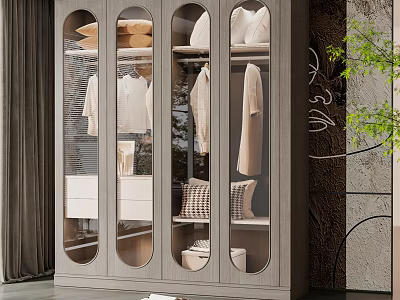 Modern Elegant Wooden Wardrobe With Glass Doors Hanging Clothes Drawers And Shelves 3d model