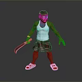 3D Character Model With White Tank Top Plaid Skirt Sandals Machete And Tattoos