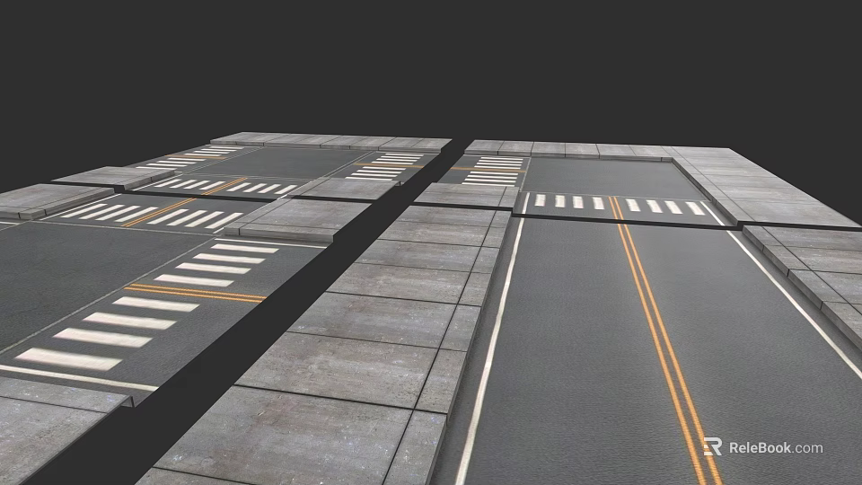 Urban Road Scene With Zebra Crossings Double Yellow Lines And Concrete Pavement 3d model 