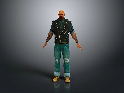 Bald Bearded Male Character Wearing Black Leather Vest Ripped Jeans Yellow Shoes And Tattooed Arms 3d model