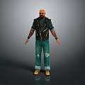 Bald Bearded Male Character Wearing Black Leather Vest Ripped Jeans Yellow Shoes And Tattooed Arms