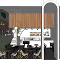 Modern Cafe Interior With Wooden Walls Arched Doorway Hanging Lights Tables Chairs And Green Plants