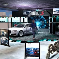 Car 4S Showroom Displaying White Luxury Sedan With Tech Background Screens