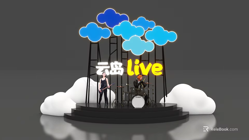 Cloud Island Live Stage With Black Frame Guitarist Drummer And Cloud Decorations 3d model 