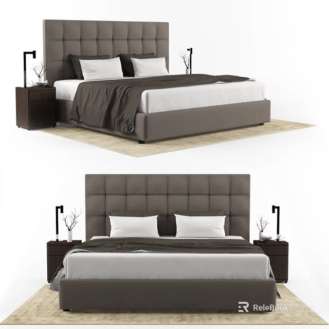 Modern Double Bed With Upholstered Headboard Nightstands Table Lamps And Bedding 3d model