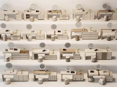 Modern Minimalist Dressing Tables Furniture With Mirrors Drawers Stools And Plants 3d model