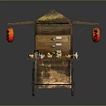 Wooden Food Cart With Red Lanterns Bowls Jars And Daily Living Items