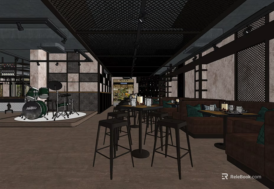 Modern Bar Open Space With Bar Counter Drum Set Brown Sofas Tables And Lighting Design 3d model 