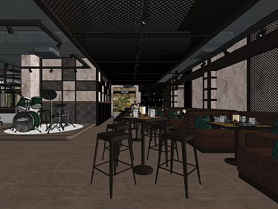 Modern Bar Open Space With Bar Counter Drum Set Brown Sofas Tables And Lighting Design 3d model