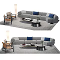 Gray L Shaped Sofa With Blue Light Gray Cushions And Black Round Coffee Table Set 3d model