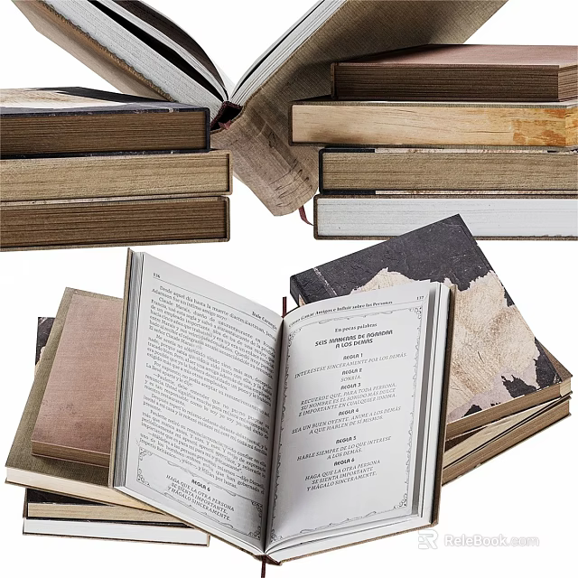 Bookstore Display With Open Books Stacked Books And Various Reading Materials 3d model 