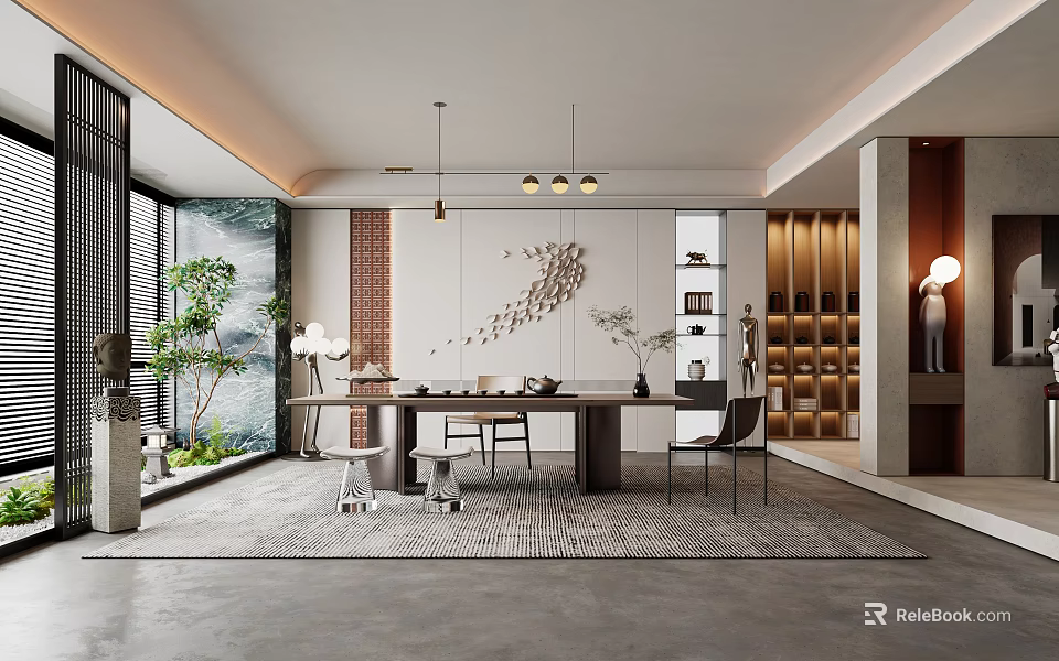 Modern Lounge Room Interior With Large Windows Potted Plants Wall Decor And Long Table 3d model