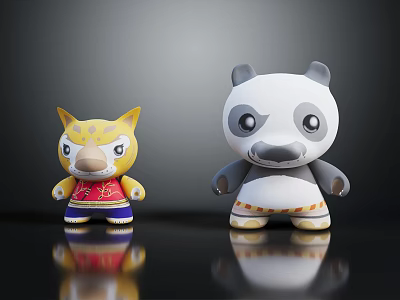 Colorful Toy Figures Of Panda And Yellow Animal With Reflective Base 3d model