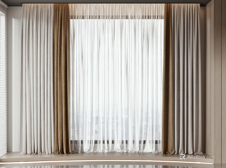 Elegant Modern Curtains With Sheer Linen And Layered Design In White Beige Brown Tones 3d model 
