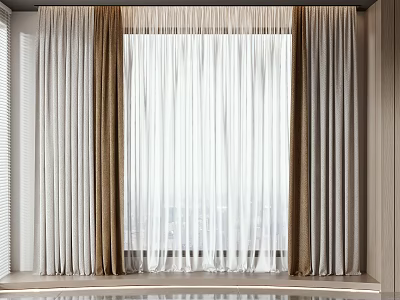 Elegant Modern Curtains With Sheer Linen And Layered Design In White Beige Brown Tones 3d model