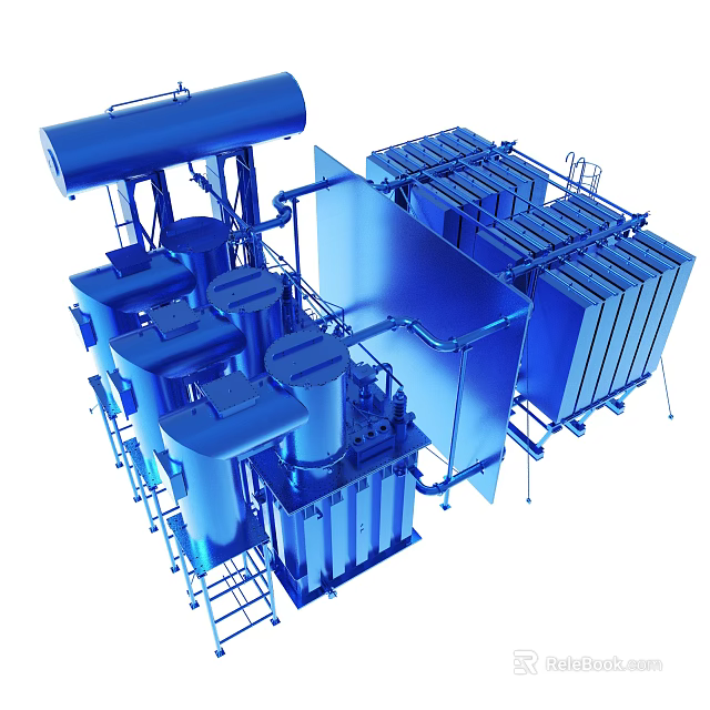 Large Blue Industrial Machinery with Cylindrical Tanks Pipes and Frames 3d model 