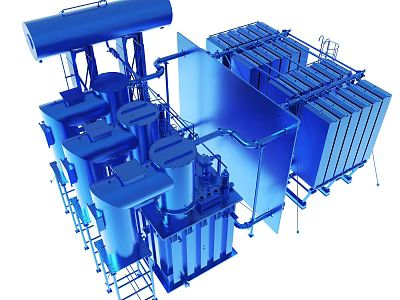Large Blue Industrial Machinery with Cylindrical Tanks Pipes and Frames 3d model