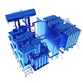Large Blue Industrial Machinery with Cylindrical Tanks Pipes and Frames