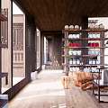 Traditional Wooden Specialty Store Interior With Windows Shelves Colorful Jars And Baskets