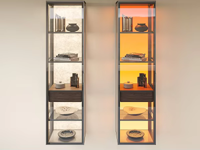 Modern Glass Display Cabinets With Layered Shelves Holding Decorative Bowls Books And Ornaments 3d model