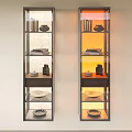 Modern Glass Display Cabinets With Layered Shelves Holding Decorative Bowls Books And Ornaments