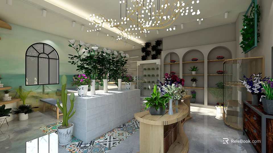 Floral and Green Plant Store Interior with Display Shelves Counter and Hanging Lights 3d model 
