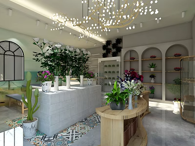 Floral and Green Plant Store Interior with Display Shelves Counter and Hanging Lights 3d model