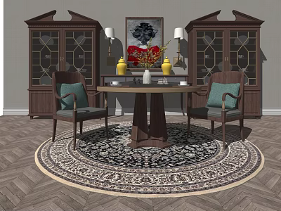 Classic Dining Table Set With Two Chairs Glass Door Cabinets And Round Rug 3d model