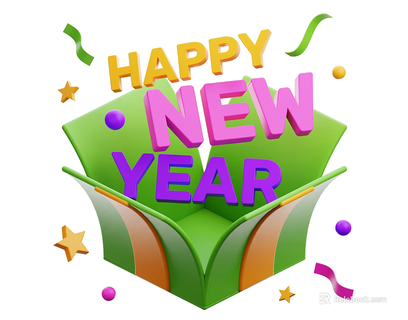 Happy New Year Decorative Household Items With Green Box Streamers Stars And Colorful Balls 3d model 