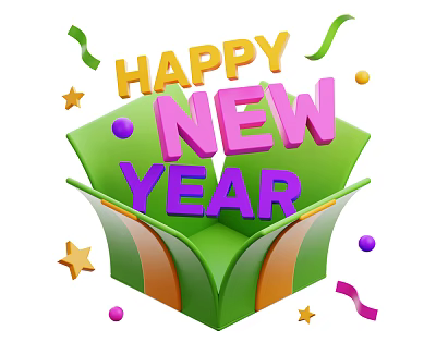 Happy New Year Decorative Household Items With Green Box Streamers Stars And Colorful Balls 3d model