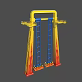 Colorful Amusement Park Thrill Ride With Yellow Blue Towers Flame Decorations And Seats
