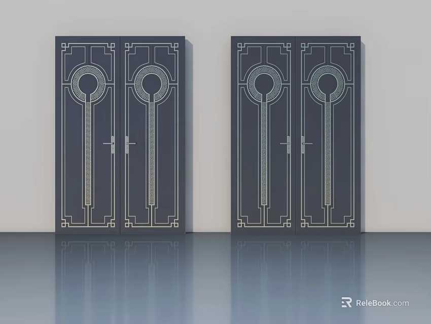 Stylish Dark Hinged Doors With Symmetric Circular Patterns And Decorative Lines 3d model 