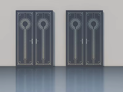Stylish Dark Hinged Doors With Symmetric Circular Patterns And Decorative Lines 3d model