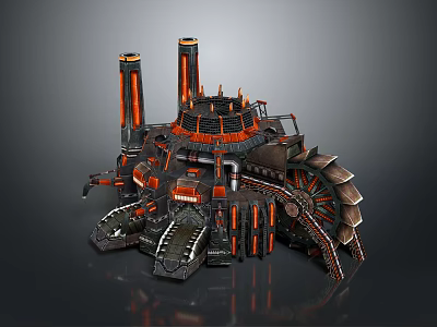 Futuristic Architecture with Multiple Towers Orange and Black Accents Intricate Mechanical Structure 3d model