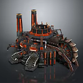 Futuristic Architecture with Multiple Towers Orange and Black Accents Intricate Mechanical Structure