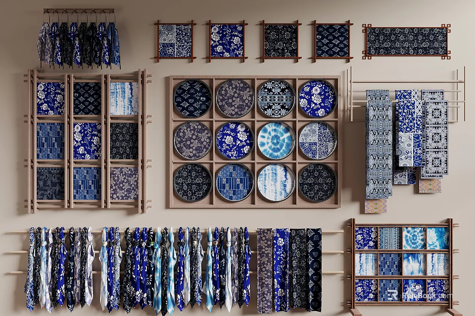 Traditional Blue and White Patterned Decorative Items Including Plates Textiles and Tiles 3d model