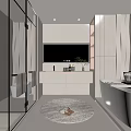 Modern Bathroom Interior Design With Glass Shower Bathtub Large Mirror Vanity And Round Rug