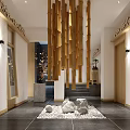 Modern Natural Restaurant Interior With Wooden Pendant Lights Stone Decor And Plants
